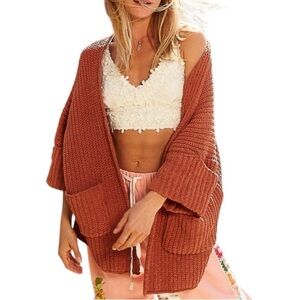 POL Chunky Knit Cardigan Rust Sweater Pockets Cropped Sleeve Size L Boho